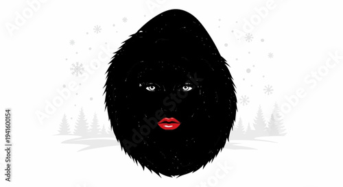A stylized, fuzzy black figure with striking eyes and red lips in a snowy forest