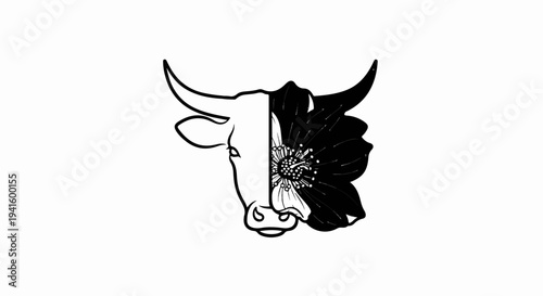 A stylized graphic merging a cow's head with a dark flower