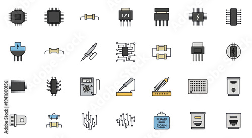 Collection of Various Electronic Components and Circuitry Icons.