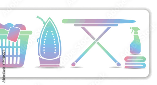 Colorful gradient laundry and ironing equipment icons including an iron board and basket.