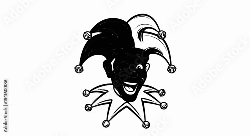 A smiling jester with a bell-adorned cap and collar on a white background