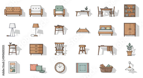 Collection of Flat Design Furniture and Home Decor Illustrations.