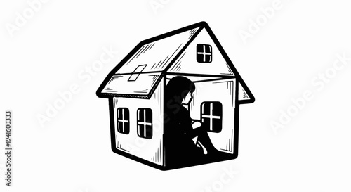 A solitary figure sits inside a stylized, open-faced house