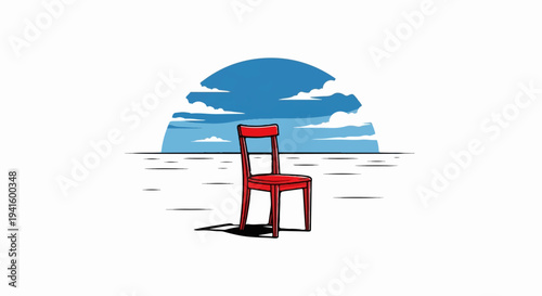 A solitary red chair sits on a white expanse under a blue, cloudy sky