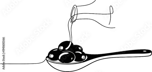 A spoon holds olives with liquid pouring from a container above