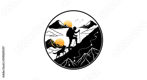 Hiker and dog ascending mountain silhouette design with landscape