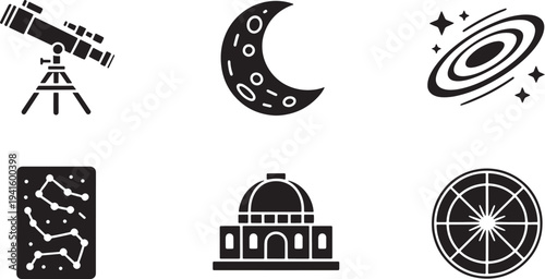 Set of 6 simple vector icons, such as telescope, moon, galaxy, constellation, observatory, and globe