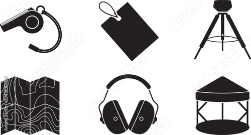 Set of 6 simple vector icons, such as whistle, price tag, tripod, map, headphones, and tent