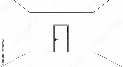 A minimalist line drawing of an empty room with a single closed door