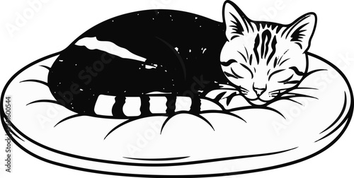 A striped cat sleeps peacefully curled on a round cushion