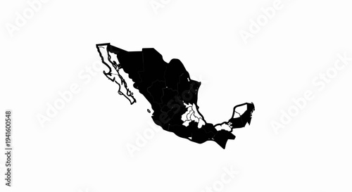 A stark black outline map of Mexico, with internal regions depicted by differing shades and thin lines