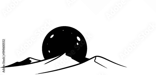 A stark black oval shape with scattered white spots sits behind jagged, mountainous terrain