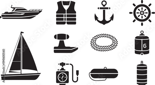 Set of black boat and water sport icons on transparent background for marine activities