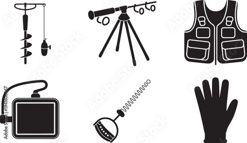 Set of black ice fishing and winter sport icons on transparent background for outdoor activity