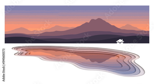 Abstract landscape illustration with mountains and reflective water surface