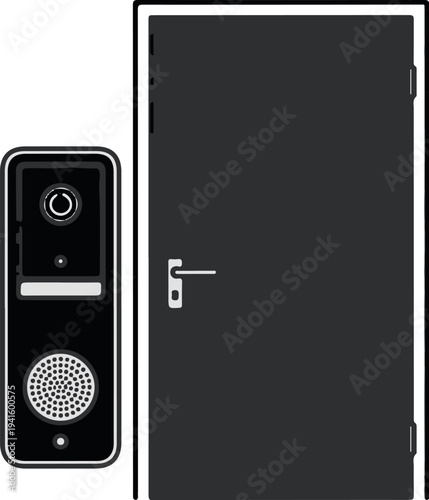 A modern doorbell with a camera and speaker sits beside a closed door
