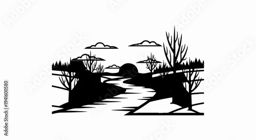 A stark black silhouette depicts a winding river under a cloudy sky