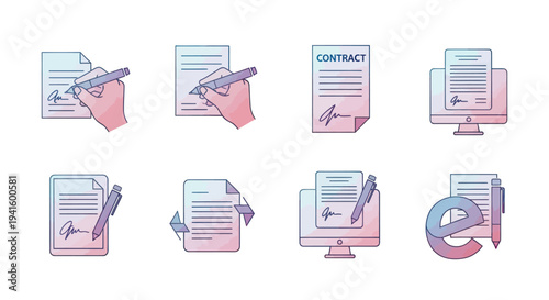 Gradient Line Art Icons for Digital Contract Signing and Document Management.