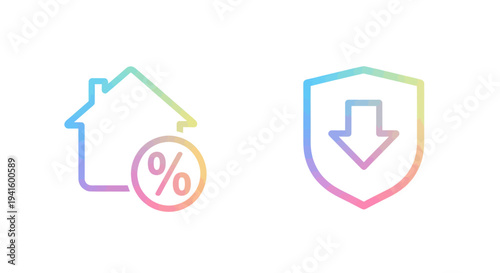 Icon of a house with percentage symbol and a shield with a downward arrow.