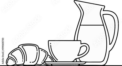 A simple line drawing of a croissant, coffee cup, and a pitcher of liquid