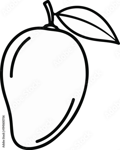 A simple black and white line drawing of a mango with a stem and leaf
