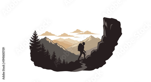 Adventure illustration of hiker walking on path towards mountains outdoors
