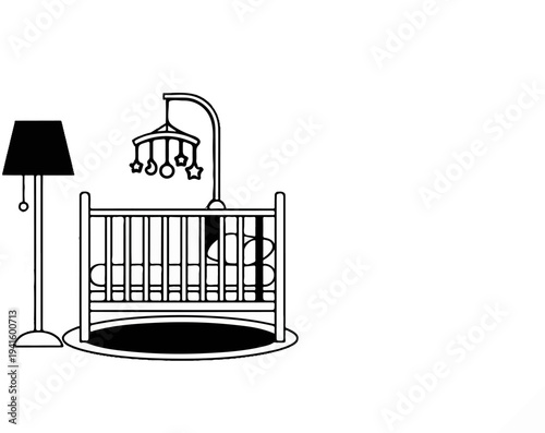 A nursery crib with a mobile and a floor lamp stands on a rug