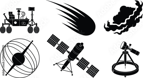 Set of black space exploration and astronomy icons on transparent background for cosmic discovery