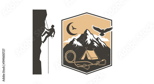 Adventure mountain climbing and camping logo design elements on white background
