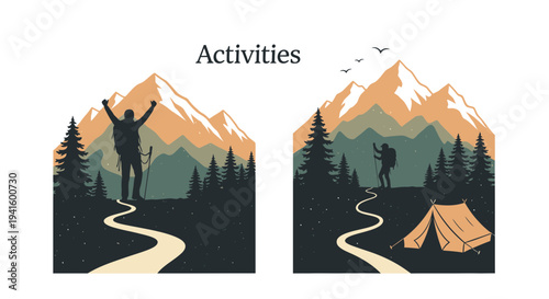Adventure illustration showing a hiker on a mountain trail and a camping scene