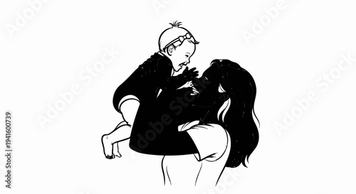 A parent holds a baby up, both smiling and reaching