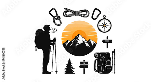 Adventure mountain climbers reaching summit with balance scales and sun illustration