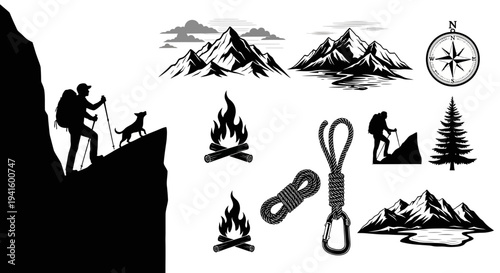 Adventure outdoors silhouette illustrations of hiking camping and mountain scenery
