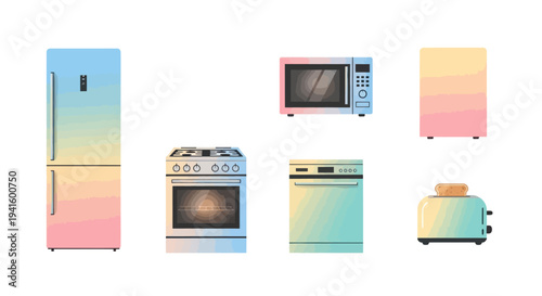 Vibrant Gradient Kitchen Appliances Collection: Refrigerator Oven Microwave Toaster Dishwasher.