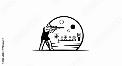 A person aiming a rifle at targets, set within a circular frame