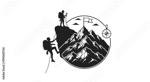 Adventure mountain climbing concept illustration with climbers and equipment