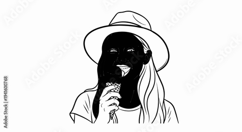 A person in a hat enjoys an ice cream cone on a bright day