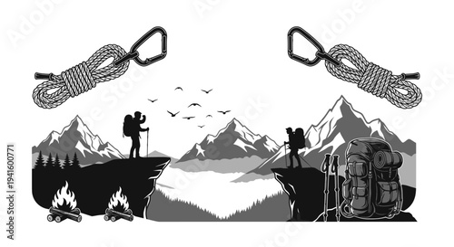 Adventure silhouette of hikers overlooking mountain range with equipment