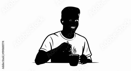 A person in a t-shirt, smiling while stirring a steaming cup of coffee