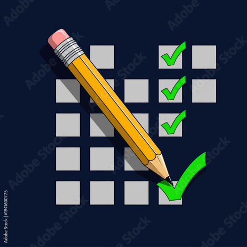 Pencil marking checkboxes on a grid, representing task completion.