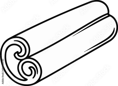 A simple black and white line drawing of a rolled cinnamon stick with distinct curls