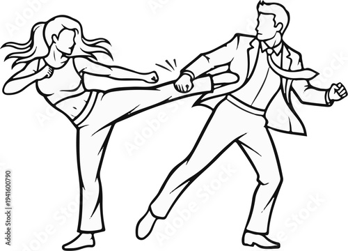 A person in activewear kicks a person in a suit, illustrating conflict