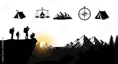 Adventure travel illustration of mountains compass camping and hiking silhouette