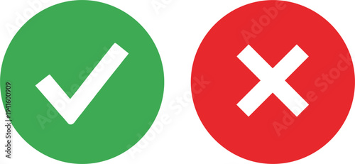 Check Mark and Cross Icon Set Featuring Green Approval Tick and Red Cancel Symbol for Confirmation and Rejection Concepts