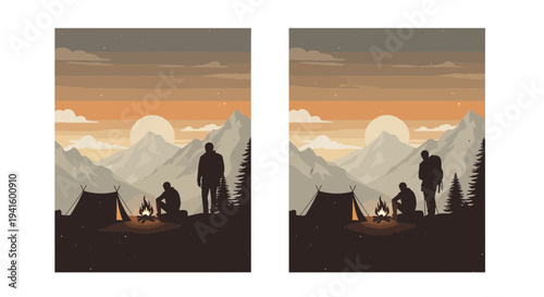 Camping scene at sunset silhouette featuring mountains and campfire design