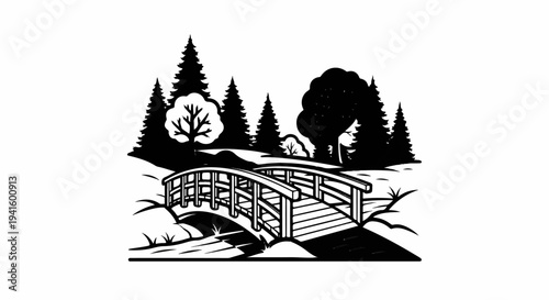 A picturesque wooden bridge arches over a gentle stream amidst a serene forest
