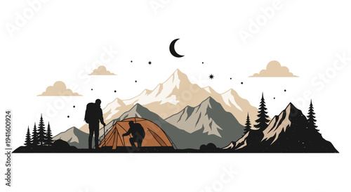 Camping adventure silhouette of hikers setting up tent under night sky