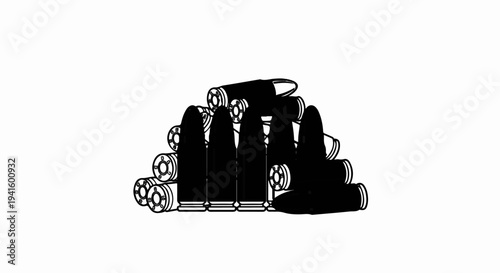 A pile of black ammunition cartridges with visible rims against a white background