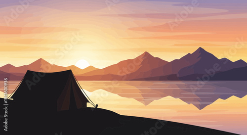 Camping tent silhouette at sunset with mountains and lake illustration