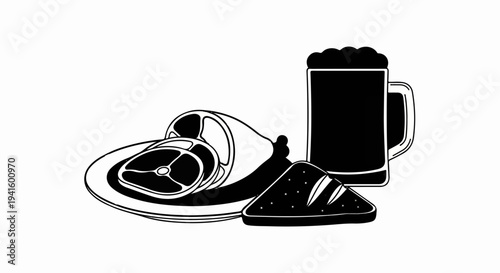 A plate of sliced meat, a slice of bread, and a pint of beer are depicted